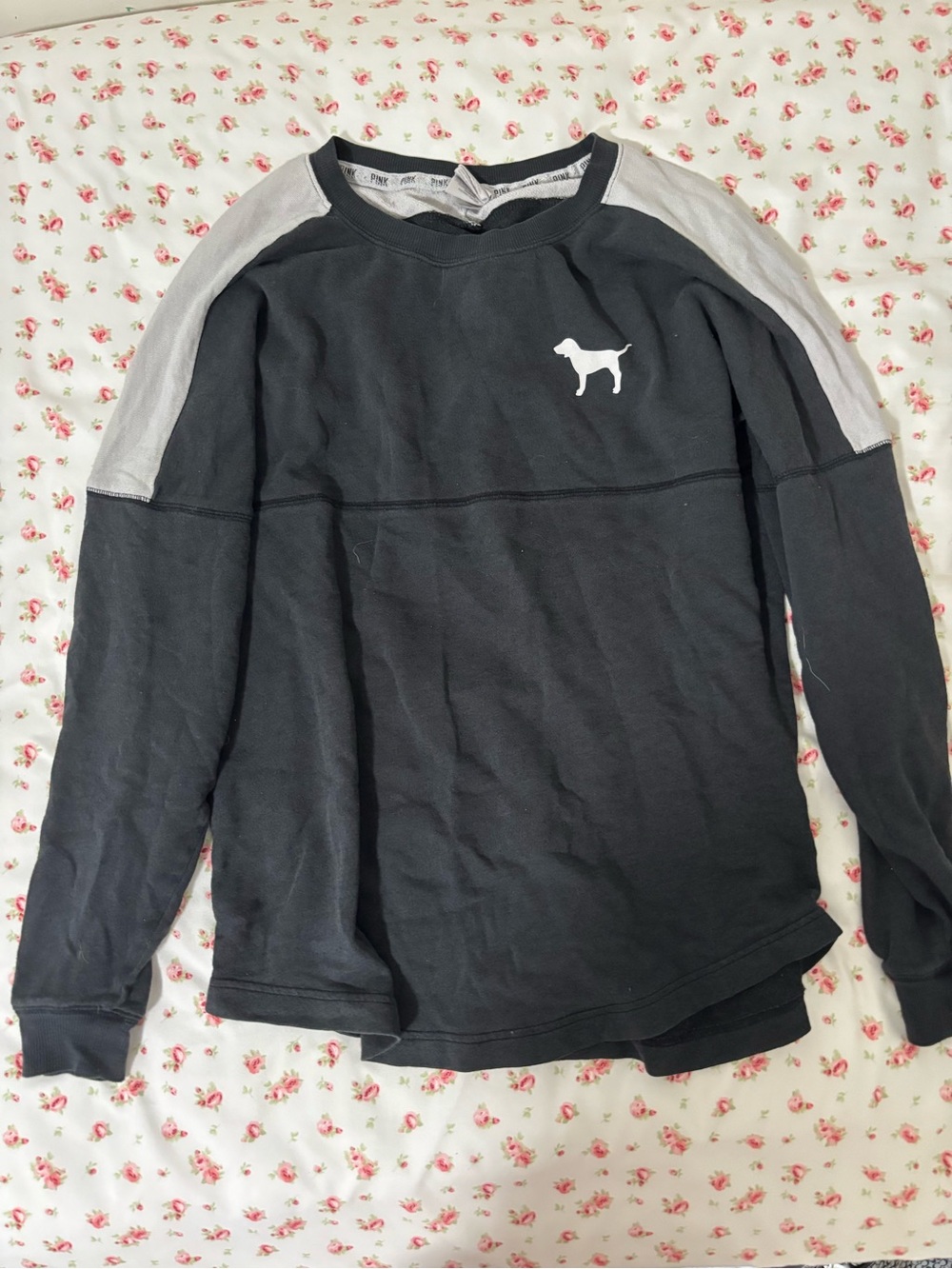PINK Victoria's Secret Black Raglan Sweatshirt with Light Gray Sleeves